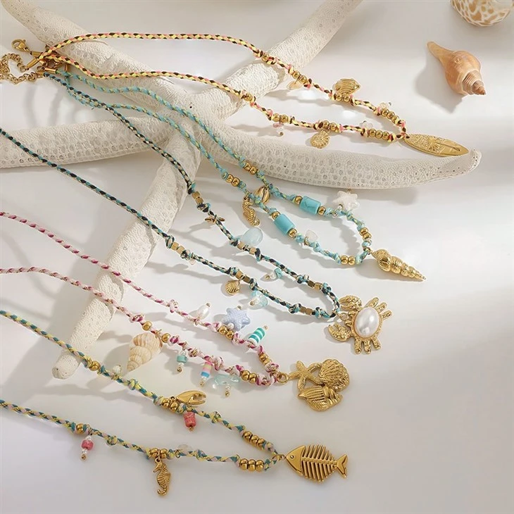 Ocean Charm Braided Cord Layered Necklace suppliers